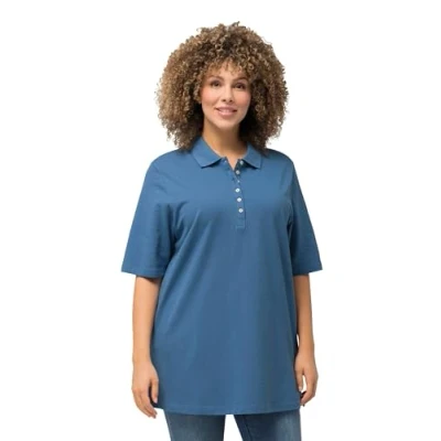 Abbildung von Ulla Popken Women&#039;s Poloshirt, Piqué, Polokragen, Samt Knopfleiste, Halbarm T Shirts, Denimblau, 66/68
