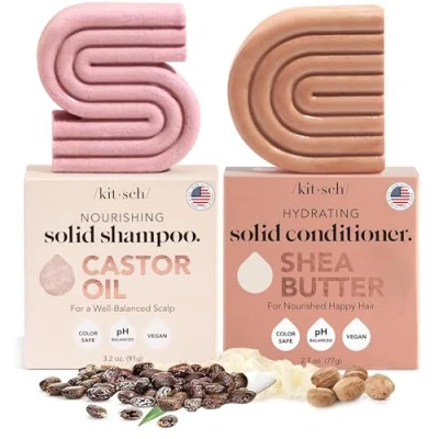 Abbildung von Kitsch Rizinusöl Shampoo und Sheabutter Conditioner, vegan, natürlich, feuchtigkeitsspendende Seife, parabenfrei, hergestellt in den USA, Valentinstagsgeschenk, 2 Stück