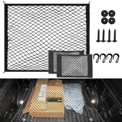 Abbildung von Kofferraumnetz Auto, Gepäcknetz Auto Netz, Erstreckt Sich auf 140x100cm, Aufbewahrung Netz für Kofferraum Autodach+2 Organizer Netztasche+4 ABS Haken, Elastischer