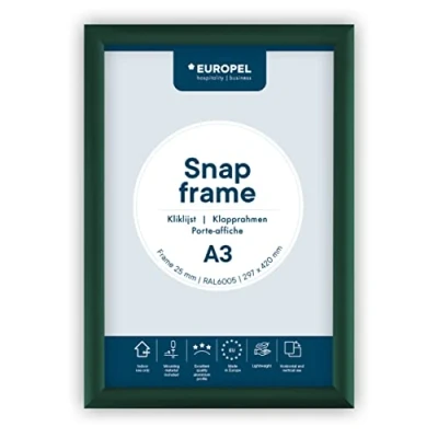 Abbildung von Europel leichte Klapprahmen DIN A3, Easy Click System, Profil 25x11 mm, Farbe Gold, eloxierte Aluminium und blendfreie Schutzfolie, Außenmaß 328x451 grau Polystyrol Rückseite