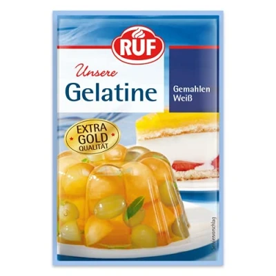 Abbildung von RUF Gelatine weiß gemahlen, Speisegelatine zum Gelieren, Verdicken, Stabilisieren und Emulgieren, einfache Verwendung, glutenfrei, 3x9g