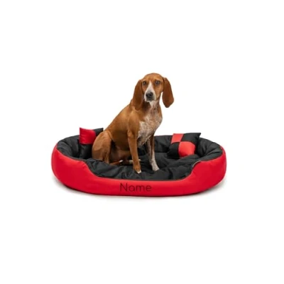 Abbildung von lionto Hundebett 4 in 1 mit Wendekissen aus robustem Oxford, 85x70 cm, Heimtierkissen Kratzfest tiefem Einstieg für Katzen und Hunde Aller Größen, wasserabweisend, rot/schwarz (Namensaufdruck)