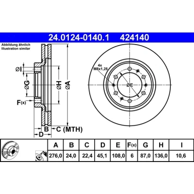 Abbildung von ATE 24.0124 0140.1 Bremsscheibe 276,0 24,0 6 108,0 Belüftet beschichtet MITSUBISHI: L200 / Triton IV Pickup, PAJERO 3, 2