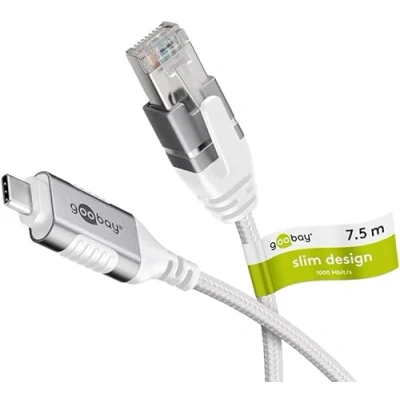 Abbildung von goobay USB C 3.1 auf RJ45 Ethernet CAT 6 Kabel Slim/Adapterkabel/stabile kabelgebundene Internetverbindung mit Router/Netzwerk Switch/USB Adapter / 1 Gbit/s 7,5 Meter/weiß 74390
