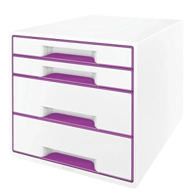 Abbildung von Leitz CUBE Schubladenbox mit 4 Schubladen, Weiß/Violett, A4, Inkl. transparentem Schubladeneinsatz, WOW, 52132062