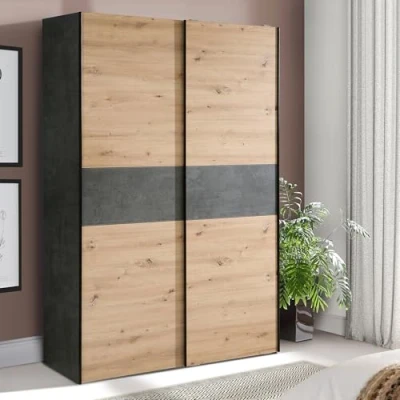 Abbildung von FORTE OZZULA klassischer Kleiderschrank 120, Schrank mit Zwei Schwebetüren, Holzwerkstoff, Artisan Eiche Dekor Betonoptik Akzenten, 120 cm breit, 190,5 hoch, 61,2 tief
