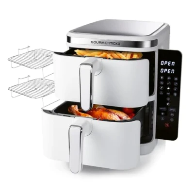 Abbildung von GOURMETmaxx Heißluftfritteuse FryUp Vertikaler Doppelkammer Airfryer 2x 5l, 2800 W, klappbares Touchdisplay, 32% platzsparender, Fassungsvermögen 10L