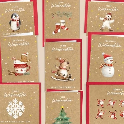 Abbildung von LOViLEE® 10x Weihnachtskarten inkl. extra Umschläge &amp; Sticker im Geschenkset hochwertige Klappkarten zu Weihnachten mit Umschlag Set in premium Qualität Kraftpapier Aquarell