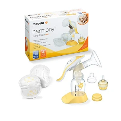 Abbildung von Medela Harmony Handmilchpumpe, mit Calma Sauger und Stilleinlagen