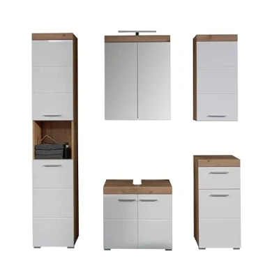 Abbildung von trendteam smart living 5 teiliges Bad Set inkl. Beleuchtung Amanda Aufbaumaß (BxHxT) 163 x 190 34 cm Farbe Weiß Hochglanz mit Artisan Eiche 139390307
