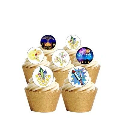 Abbildung von 24 vorgeschnittene, runde Kuchendekorationen mit Feuerwerk Motiven.