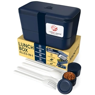 Abbildung von Umami Lunchbox Erwachsene, Verschachtelbar Auslaufsichere Bento Box mit 4 Bestecke &amp; Fächern, Brotdose Salatbehälter To Go, Lunch für Picknick/Büro, Mitternachtsblau, 1500 ml