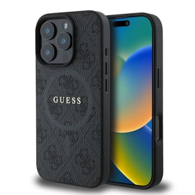 Abbildung von CG MOBILE Guess HC Handyhülle Entwickelt für iPhone 16 Pro Max, langlebig, stoßfest, kompatibel mit Magsafe, PU 4G Ring Classic Logo Hülle Schwarz