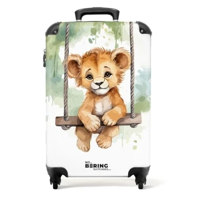 Abbildung von NoBoringSuitcases.com© Kinderkoffer Baby Löwe Illustration mit beige Hintergrund 67x43x25cm, 4 Rollen, Mittelgroßer Reisetasche