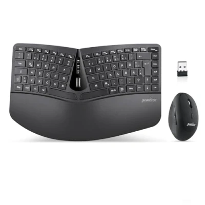 Abbildung von Perixx Periduo 606, Ergonomische kabellose kompakte Tastatur und Vertikale Maus Desktop Set, Geteiltes Tastenfeld, 4 Wege Scrollrad, Anpassbare Handballenauflage flachen Tasten mit Vertikalmaus