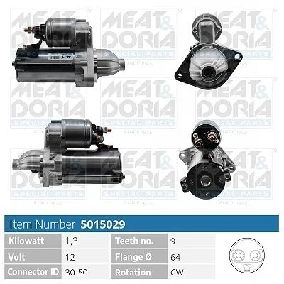 Abbildung von MEAT &amp; DORIA 5015029 Anlasser 12V 1,3kW 9 30 50 64mm FIAT: Grande Punto Schrägheck, Panda II 500 OPEL: Corsa D Schrägheck