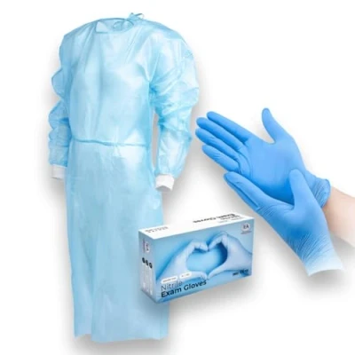 Abbildung von IEA Medical Schutz Set: Schutzkittel blau M &amp; Nitrilhandschuhe M, im Arbeitsalltag, Op Kittel, Arzt Einweghandschuhe,