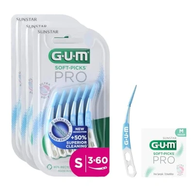 Abbildung von GUM SOFT PICKS PRO Interdentalreiniger gebogene Form für leichten Zugang zu schwer zugänglichen Stellen sanfte Wirkung empfindliches Zahnfleisch [S 3x60] (+1 Gratisprobe)