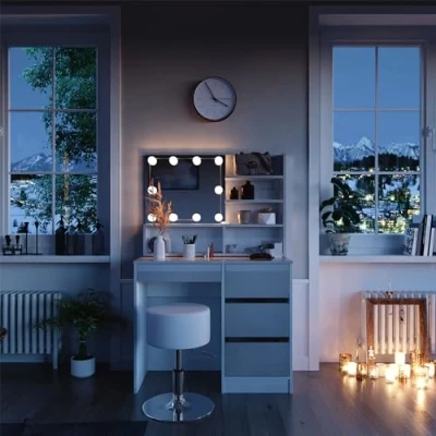 Abbildung von Vicco Schminktisch Sherry, Weiß Hochglanz, 90cm mit LED, Hocker und Spiegelregal