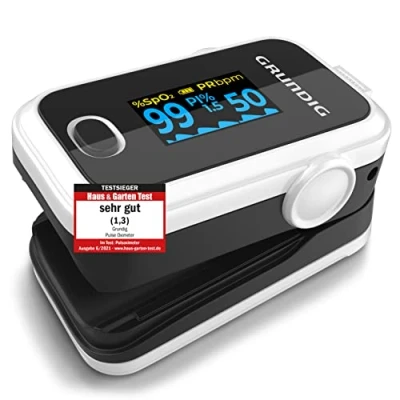 Abbildung von GRUNDIG Pulsoximeter Sauerstoffsättigung Oximeter TESTSIEGER Hochpräzises Fingeroximeter Messgerät zur genauen Messung der Sauerstoff Sättigung im Blut Finger Pulsmesser (weiß)