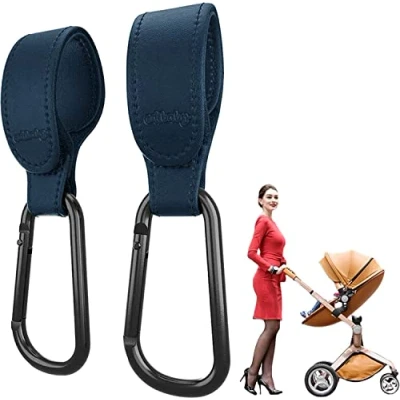 Abbildung von Edibaby, Kinderwagen Haken, Zubehör, aus Leder, 2 Stück, Universell Einsetzbar, Karabinerhaken für zum Aufhängen von Taschen, Rucksäcken, Geldbörsen usw. (Blau)