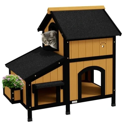 Abbildung von PawHut Tierhöhle Katzenhaus aus Holz, Katzenhütte mit mehreren Eingängen, 2 Etagen, Asphaltadach, Blumenkasten, für Katzen bis 7 kg, Gelb