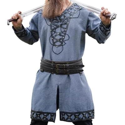 Abbildung von Leonardo Carbone® Wikinger Tunika Erik ? Mittelalter Kleidung Herren, Freizeithemden Kurzarm, Karneval Kostüm, Tunika, LARP 100% Baumwolle mit Leder Applikationen Blaugrau L