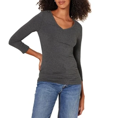 Abbildung von Amazon Essentials Damen T Shirt Mit V Ausschnitt Und 3/4 Ärmeln, Klassischer Schnitt (Erhältlich In Übergröße), Dunkelgrau Meliert, XL