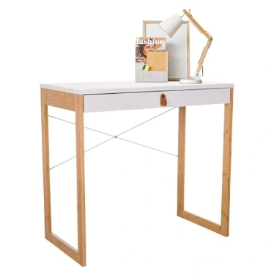 Abbildung von hjh LIVING Schreibtisch mit 1 Schublade 80x42 cm TAROLO II Bambus Gestell, Kleiner Tisch im skandinavischen Stil, Computertisch Weiß