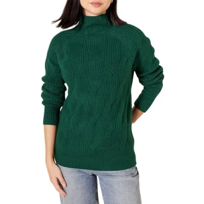 Abbildung von Amazon Essentials Damen Soft Touch Pullover mit Trichterkragen und Zopfmuster, Dunkelgrün, S