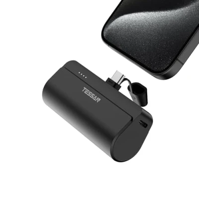 Abbildung von TESSAN Power Bank USB C, 5000mAh Powerbank 10,5W, Mini C für Phone und Pad, Klein Eingebauter Stecker, Anwendbar auf Reisen Geschäftsreise, Schwarz