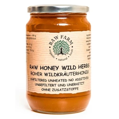 Abbildung von 900 g Reiner, Roher Wildblumenhonig Distel, Thymian, Koriander, Sonnenblumenhonig ungefiltert, ungeheizt, nicht pasteurisiert, aus einer einzigen Quelle.