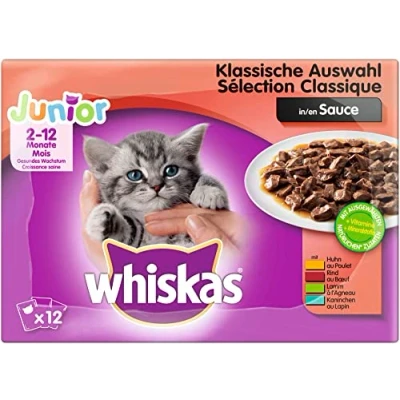 Abbildung von Whiskas Katzenfutter Junior Klassische Auswahl in Sauce Ausgewogenes Feuchtfutter für heranwachsende Katzen 48 Beutel à 100g