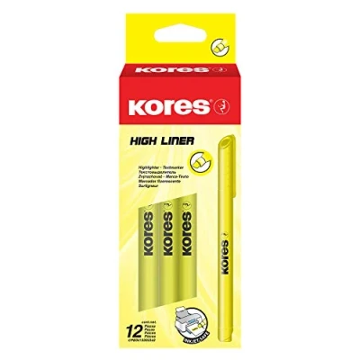 Abbildung von Kores High Liner: Dünne gelbe strahlende Textmarker Stifte, mit Keilspitze und wasserbasierter Tinte, Schul Bürobedarf, 12 Stück Packung