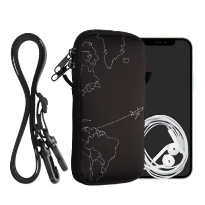 Abbildung von kwmobile Handytasche für Smartphones XL 6,7/6,8&quot; Neopren Handy Hülle Weiß Schwarz Tasche mit Kette 17,2 x 8,4 cm Innenmaße Travel Flugzeug