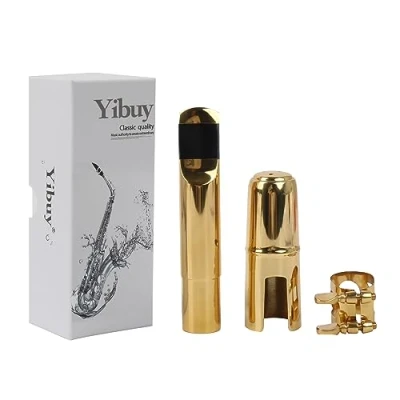 Abbildung von Yibuy B Mundstück für Tenorsaxophon aus Metall mit Kappe und Blattschraube Größe Nr.7, goldfarben