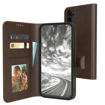 Abbildung von EAZY Case Klapphülle für Samsung Galaxy A15 Hülle klappbar Kameraschutz Schutzhülle magnetisch Standfunktion Kunstleder Klapptasche Kartenfach Sichtfenster Foto Premium Handyhülle Braun