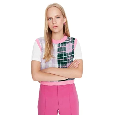 Abbildung von TRENDYOL Damen Rundhalsausschnitt Colorblock Figurbetont Strickweste Sweater, Rosa, L EU