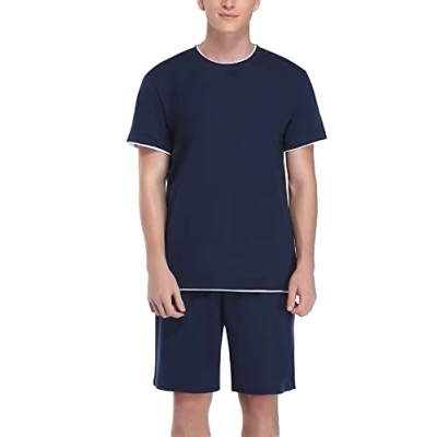 Abbildung von Doaraha Schlafanzug Herren Kurz Set Pyjama 100% Baumwolle Zweiteilige Nachtwäsche Einfarbig Sommer Sleepwear Hausanzug für Männer (4 Dunkelblau, S)