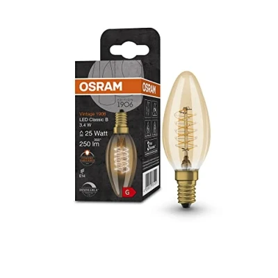 Abbildung von OSRAM Lamps Vintage 1906 LED Lampe Gold Tönung,3,4W,250lm,Tropfenlampe(Classic P) E14 Sockel,warmweiße Lichtfarbe,spiralförmiges Filament,bis zu 15.000 Std. Lebensdauer,4058075761438,25W Ersatz