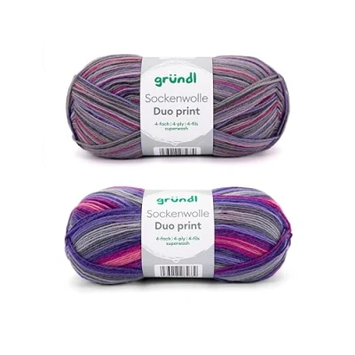 Abbildung von Gründl Sockenwolle Duo Strickset aus 2 x 100 g Sockengarn (75% Schurwolle (superwash), 25% Polyamid) + Anleitung, lila violett