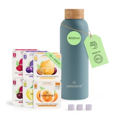 Abbildung von waterdrop® Starter Set Steel Trinkflasche + 18 zuckerfrei Getränkewürfel zum Auflösen 6 fruchtige Sorten 600ml Edelstahlflasche auslaufsicher Kohlensäure geeignet