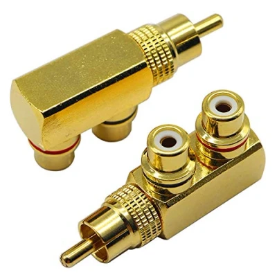 Abbildung von zdyCGTime Cinch Splitter Adapter, 90 Grad rechtwinkliger Stecker auf 2 Buchsen, Audio Video vergoldeter Metallstecker M/F (2 Packungen)