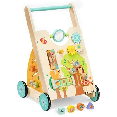 Abbildung von Navaris Lauflernwagen Baby Activity Wagen Holz Lauflernhilfe mit Spielelementen Spielwagen Laufwagen Holzspielzeug ab 18 Monaten beige bunt Wald Design