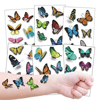 Abbildung von 3D Glitzer Tattoo Kinder Mädchen, 6 Blätter Temporäre Schmetterling Kindertattoos für Mädchen Geburtstagsfeier Geschenk Mitgebsel