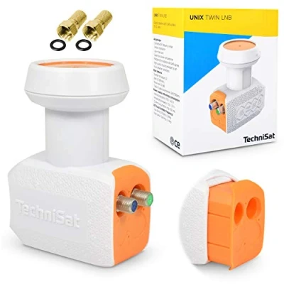 Abbildung von TechniSat Twin LNB für 2 Teilnehmer TV Receiver direkt Anschluss mit Wetterschutz Unix digital UHD 4K Ultra HD Full HDTV + F Stecker