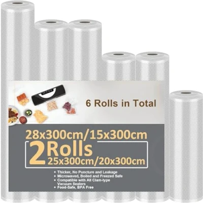 Abbildung von Vakuumierbeutel 6 Rollen Vakuumierfolie 15/20/20/25/25/28x300cm(18m), Profi Folienrollen Vakuumierer Lebensmittel BPA frei, stark &amp; reißfest, für alle Sous Vide Gefrierbeutel