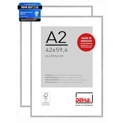 Abbildung von DEHA Design Bilderrahmen, 42 x 59,4 cm (A2) (2er Set), Aluminium, Silber matt, Posterrahmen zum Aufhängen im Hoch &amp; Querformat, bruchsicheres Kunstglas, Tribeca