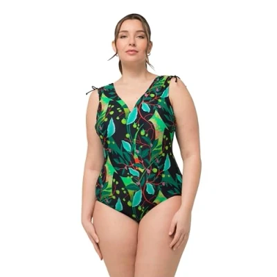 Abbildung von Ulla Popken Colorful LEAF Print ONE Piece Badeanzug, Damen, Größe: 42, Black