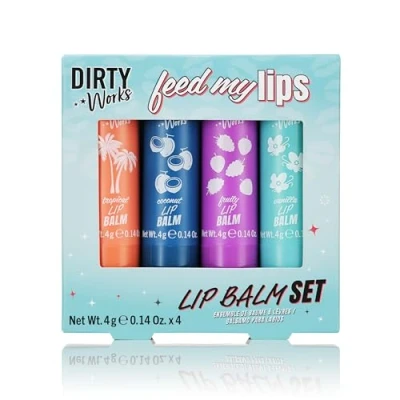 Abbildung von Dirty Works Feed My Lips, Lippenbalsam Set, 4 x 4g Lippensalbe Tubes Geschenkset, verschiedene Geschmacksrichtungen, g (4 Stück)
